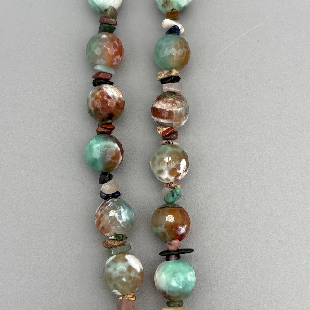 VTG Artisan Beaded Natural Gemstone Agate? Jasper? Silver Leaf Necklace GIFT 20